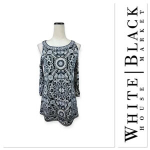 White House Black Market blue and white print cold shoulder top size small